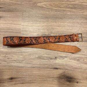 Hand Tooled Leather Belt Floral Western Tan Genuine Leather Boho Vintage